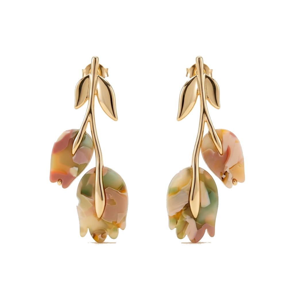 Botanical tulip marbled pastel resin drop earrings in gold on pure white background