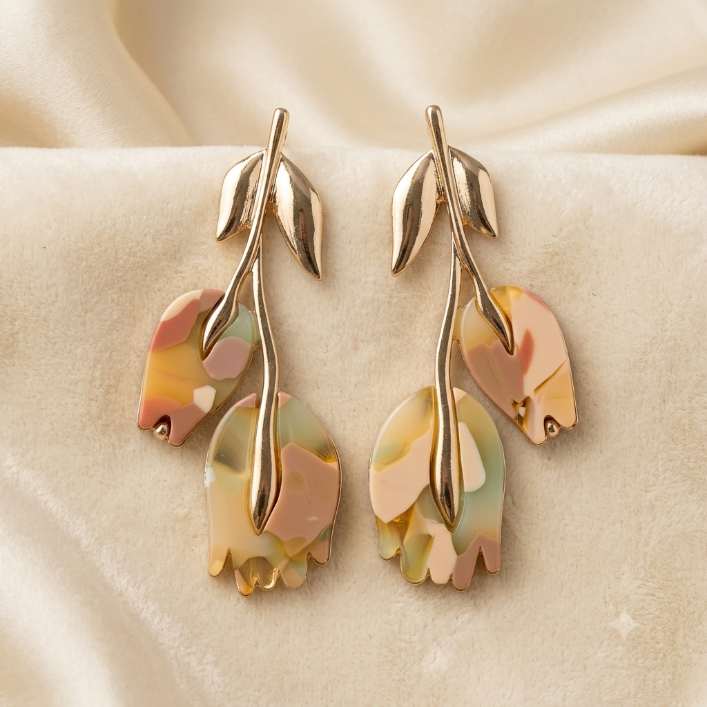 Botanical tulip marbled pastel resin drop earrings in gold draped on champagne velvet fabric
