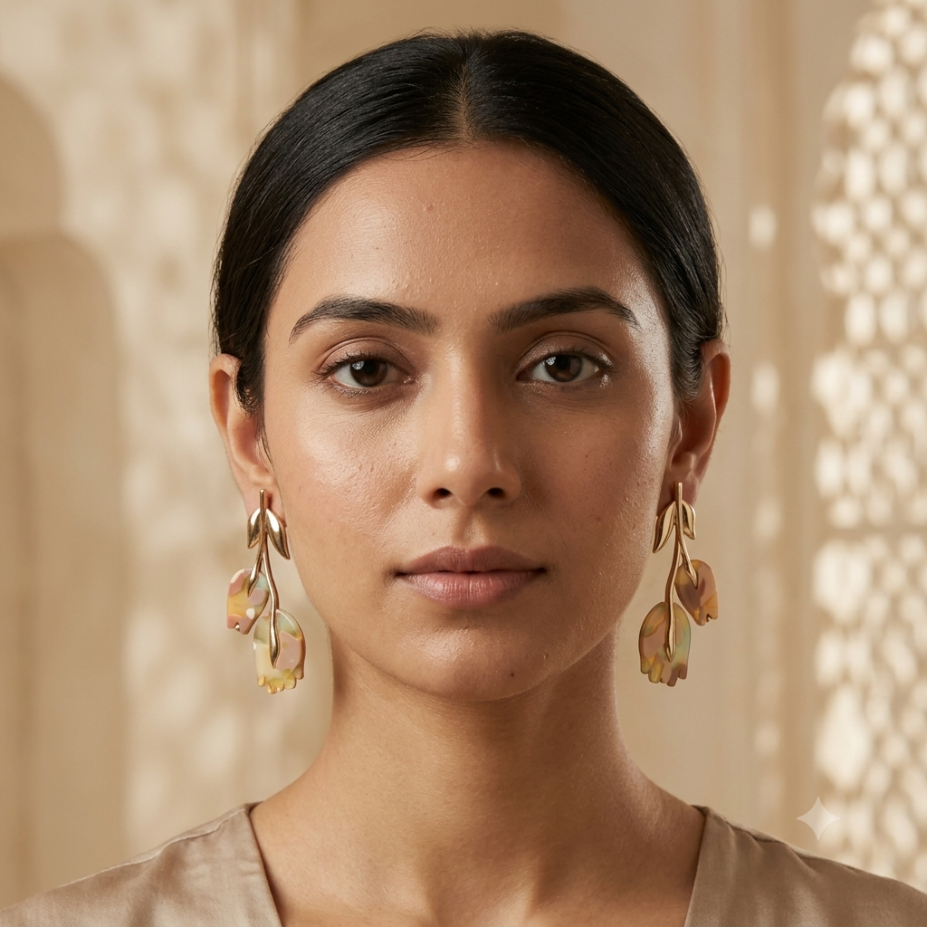 Botanical tulip marbled pastel resin drop earrings in gold on model - editorial close-up