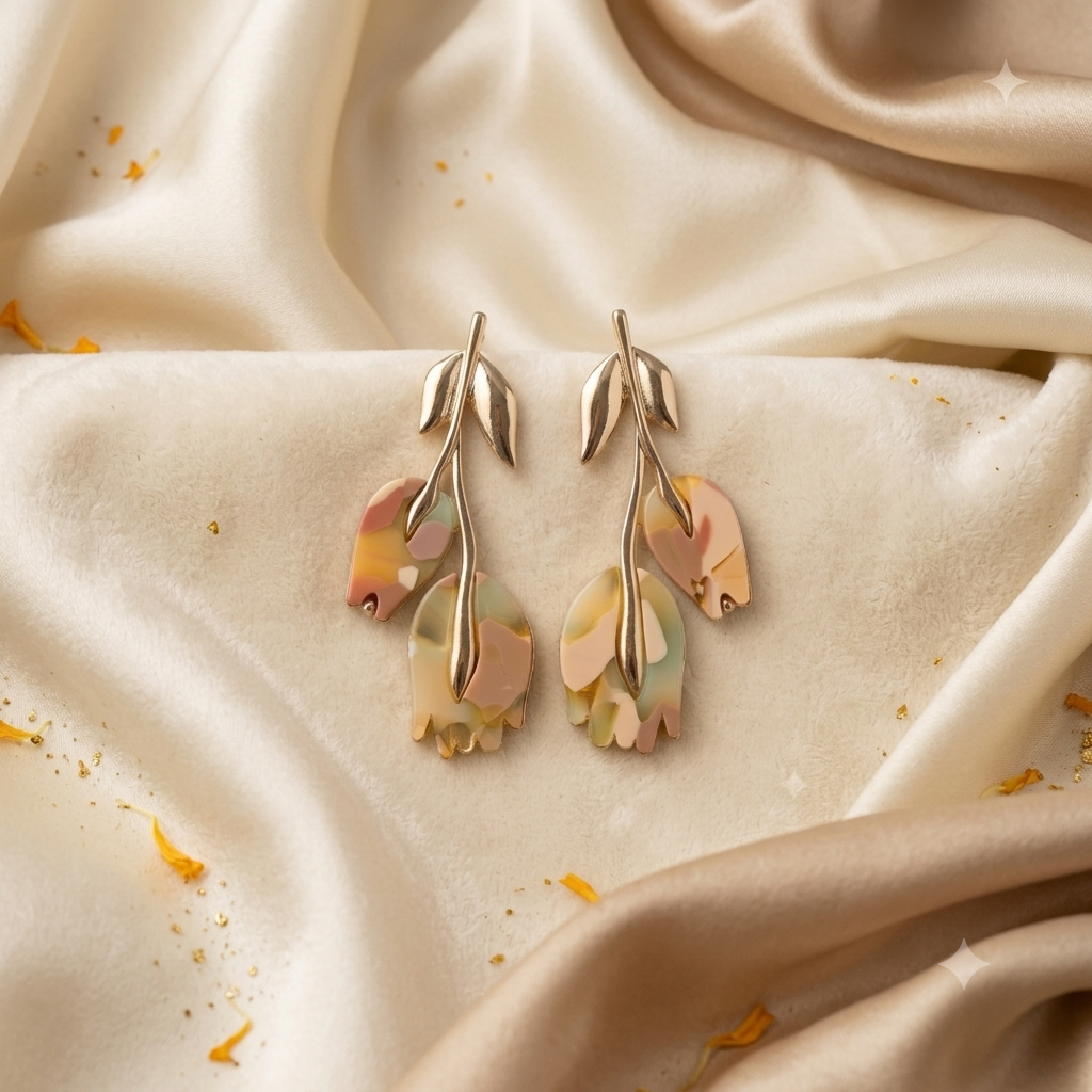 Botanical tulip marbled pastel resin drop earrings in gold with scattered golden floral petals