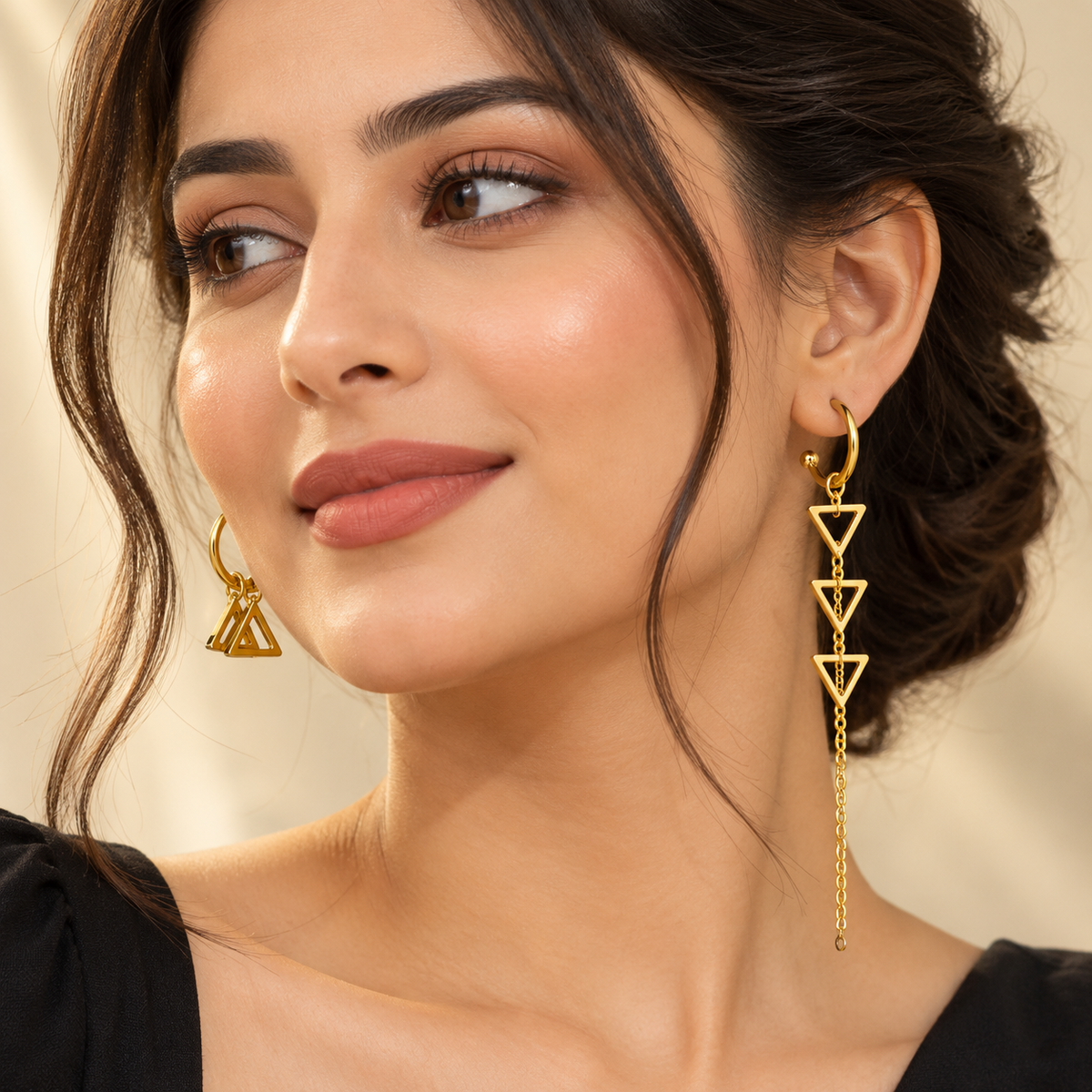 Asymmetric geometric triangle cascade drop and hoop earrings in gold - View 4