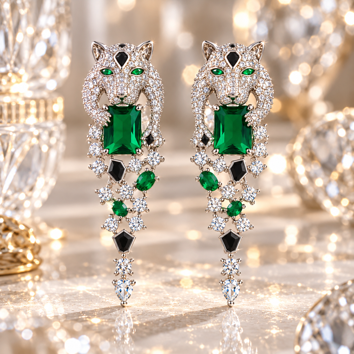 Panthère silver drop earrings with emerald cut green crystal - View 2