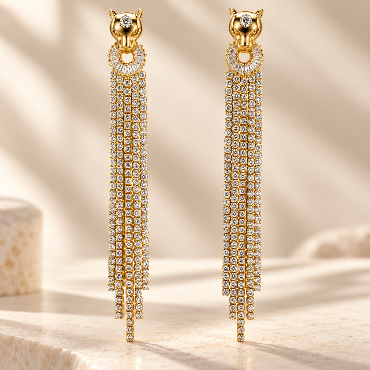 Panthère gold tassel earrings with cascading crystal fringe - View 2