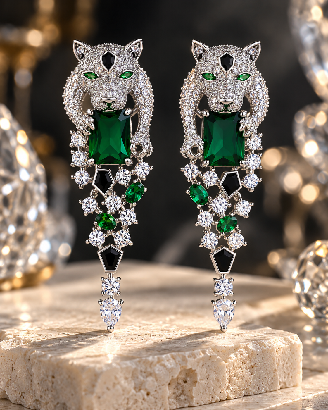 Panthère silver drop earrings with emerald cut green crystal - View 5