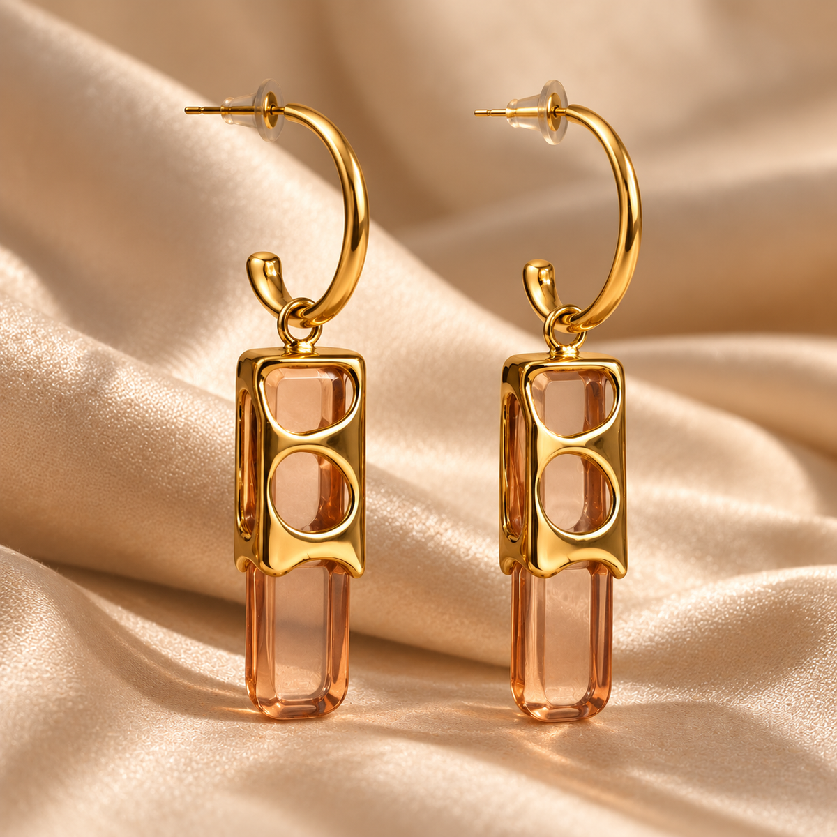 Modernist peach crystal prism drop earrings in gold cutout frame - View 4