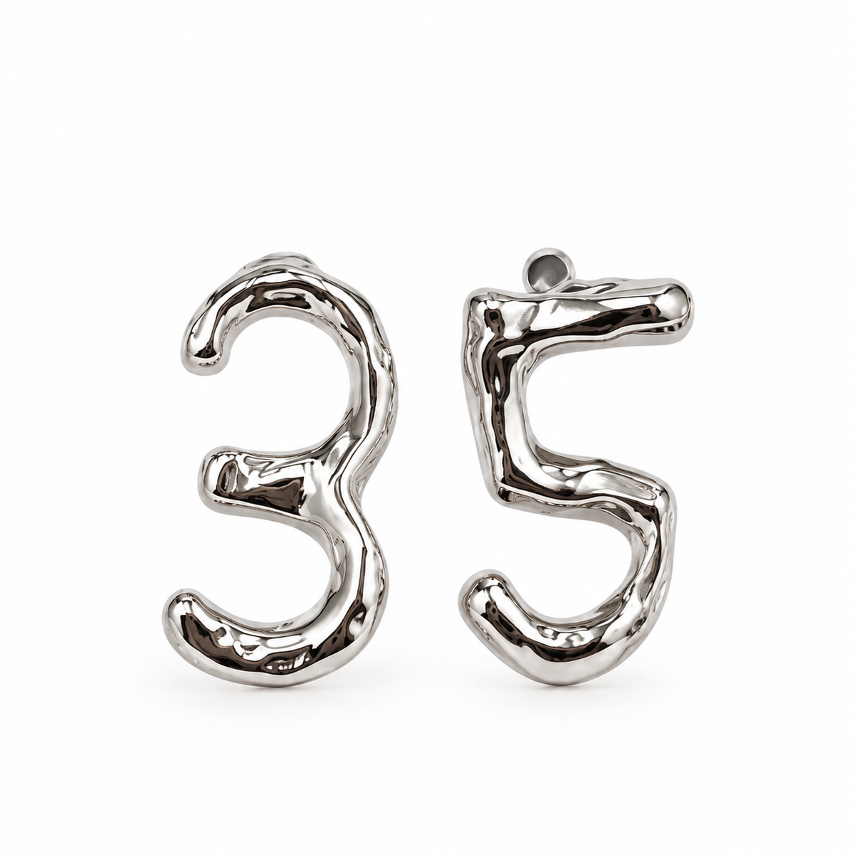 Molten liquid silver lucky number stud earrings digits 0 to 9 - View 2