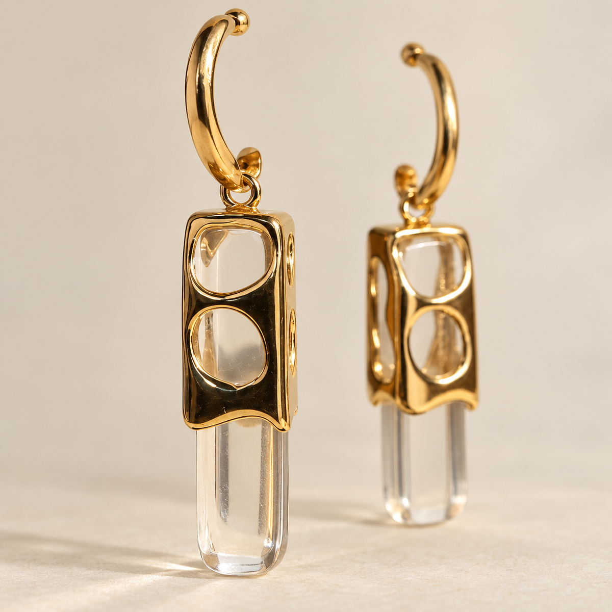 Modernist clear crystal prism drop earrings in gold cutout frame - View 2