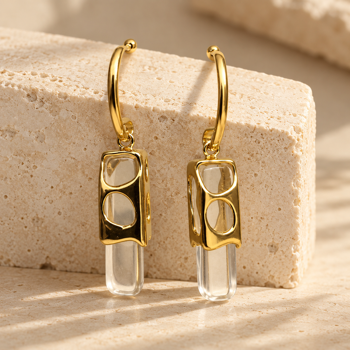 Modernist clear crystal prism drop earrings in gold cutout frame - View 3