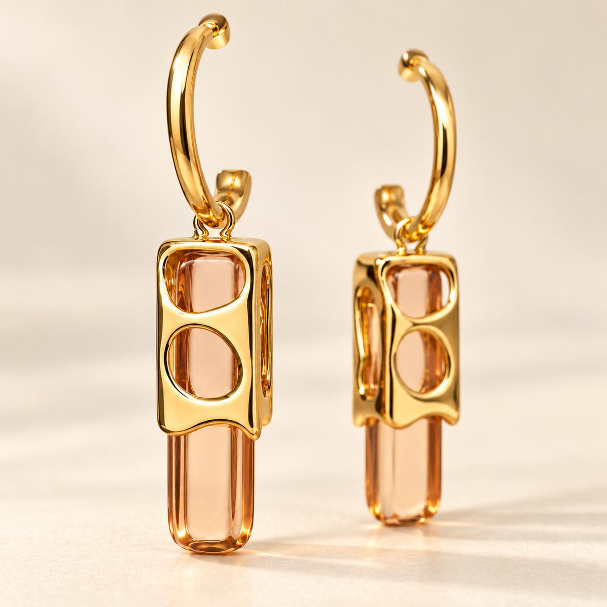 Modernist peach crystal prism drop earrings in gold cutout frame - View 2