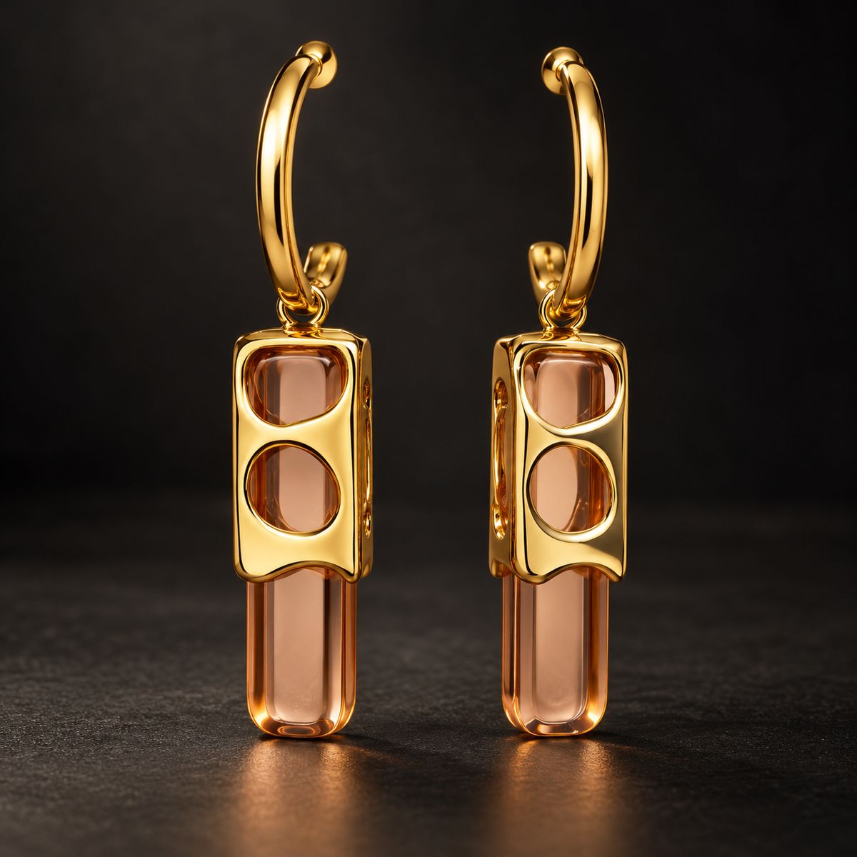 Modernist peach crystal prism drop earrings in gold cutout frame - View 6