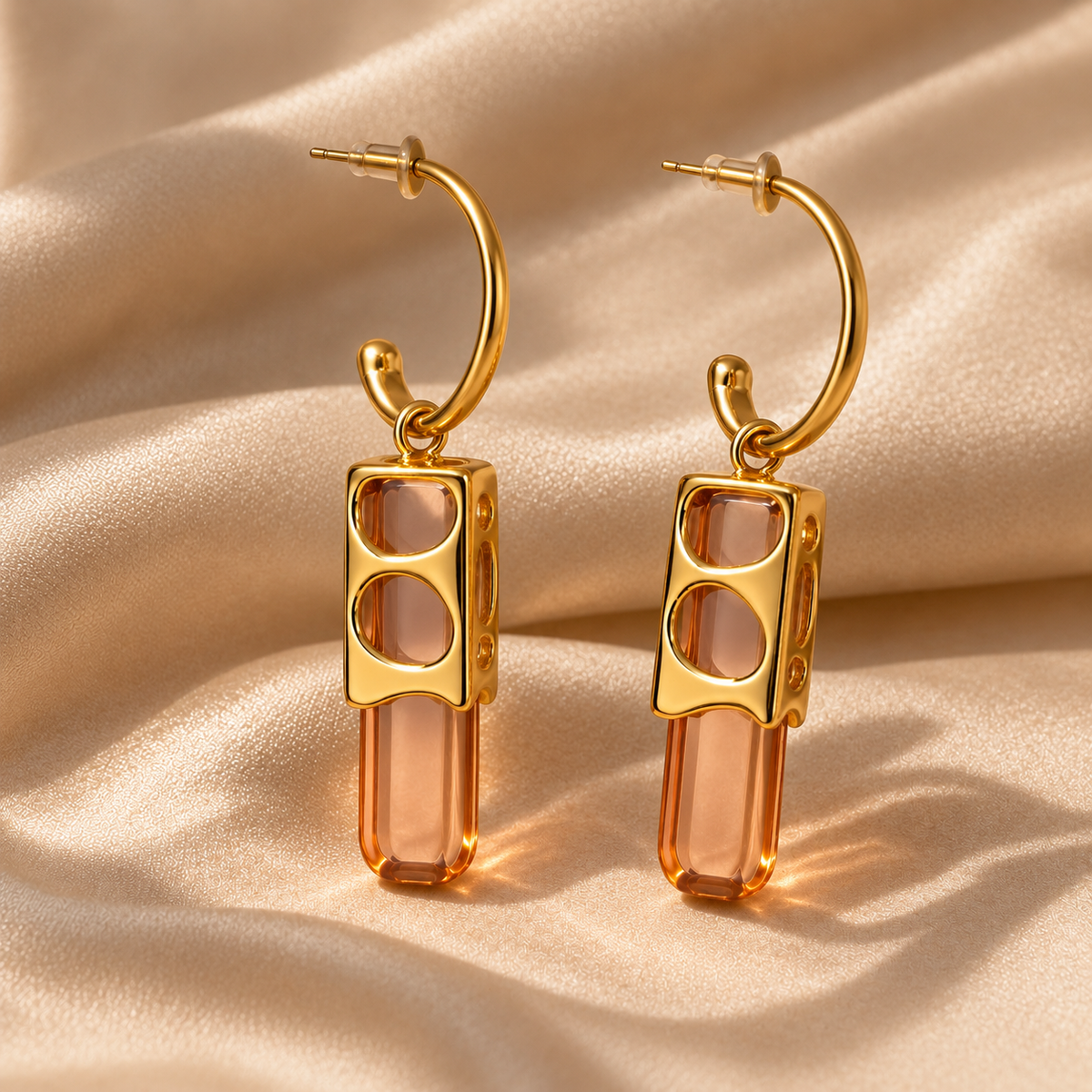 Modernist peach crystal prism drop earrings in gold cutout frame - View 3