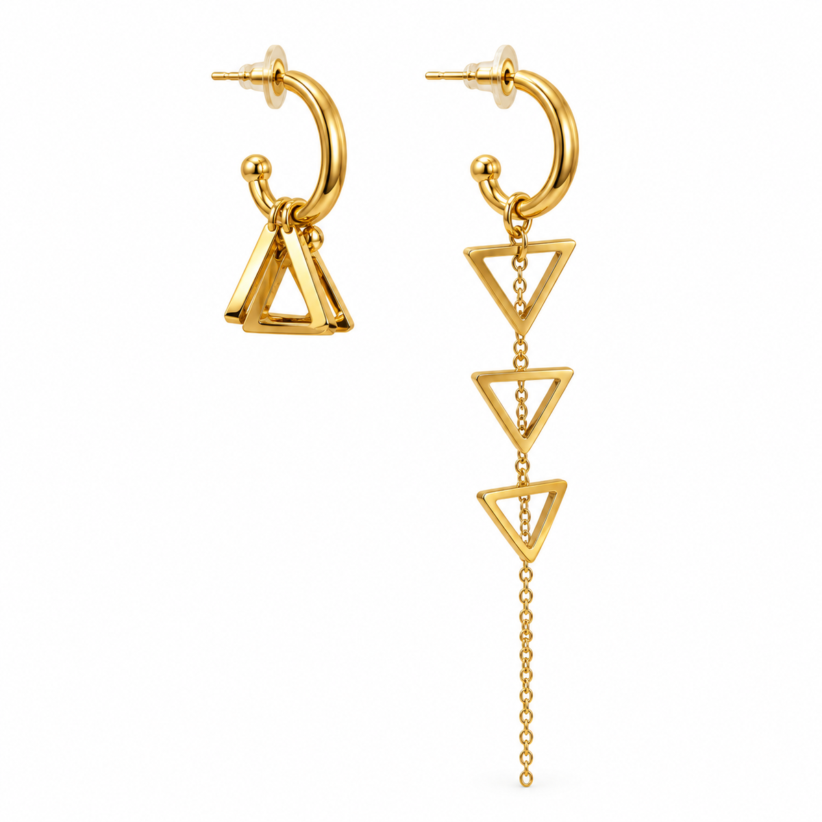 Asymmetric geometric triangle cascade drop and hoop earrings in gold on pure white background