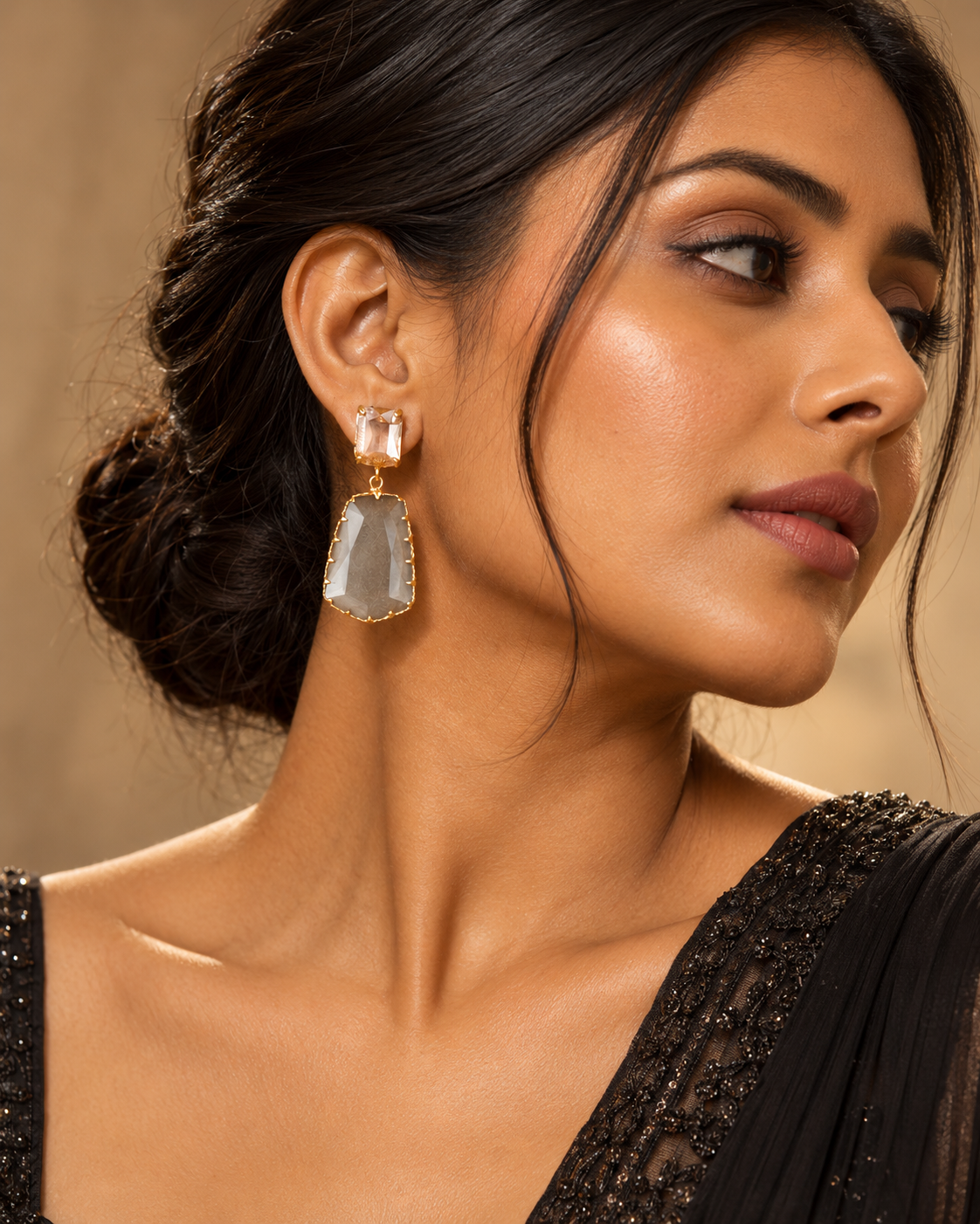 Champagne and smoky quartz faceted crystal drop earrings - View 7