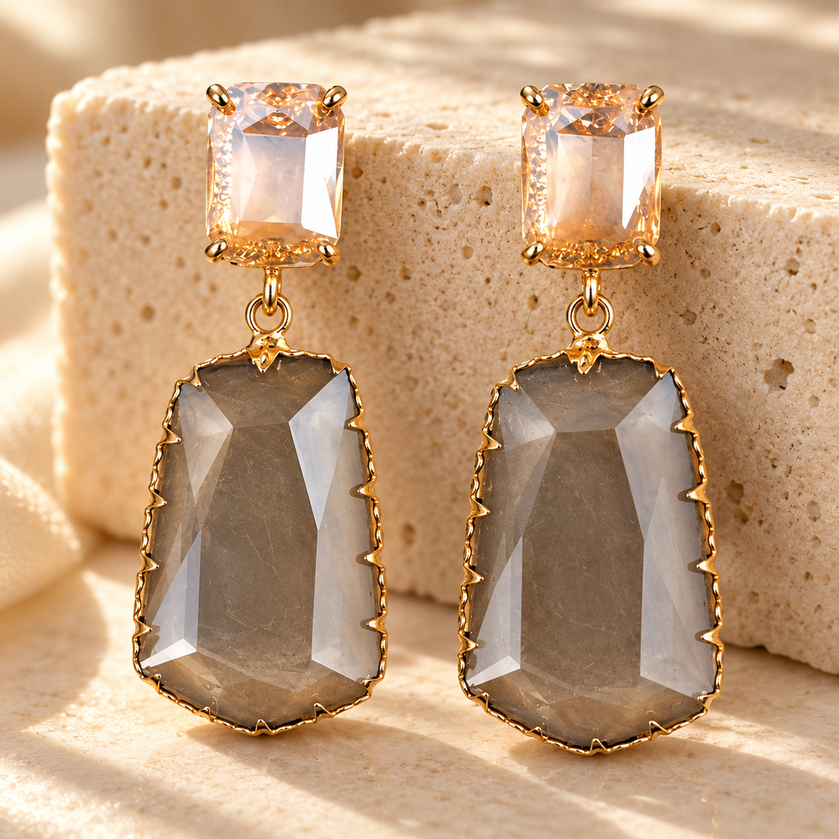 Champagne and smoky quartz faceted crystal drop earrings - View 2