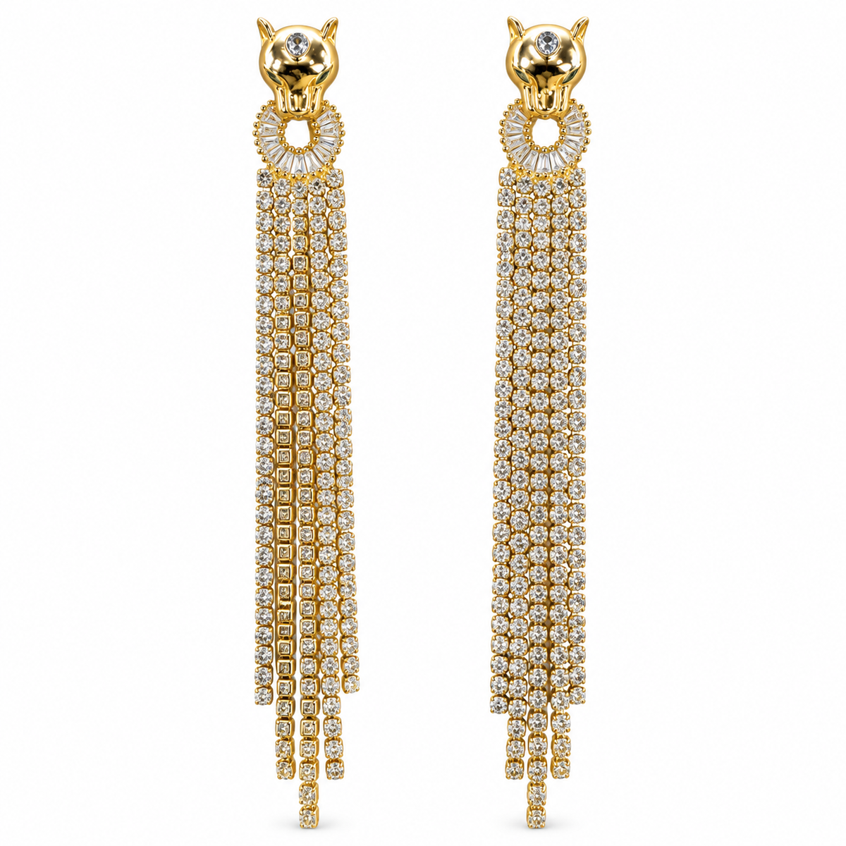 Panthère gold tassel earrings with cascading crystal fringe on pure white background
