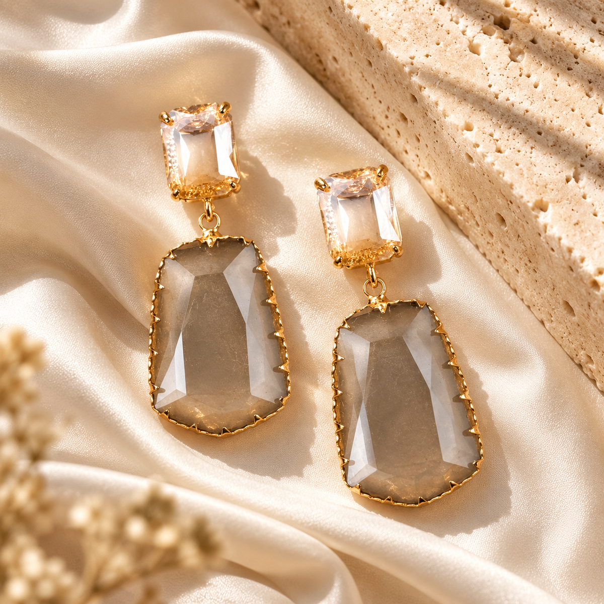 Champagne and smoky quartz faceted crystal drop earrings - View 3