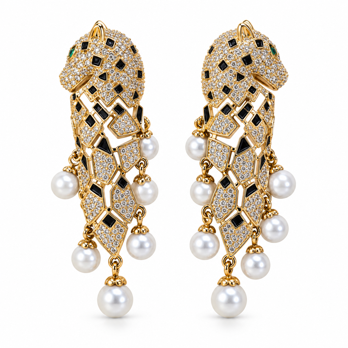 Panthère pavé crystal and pearl chandelier drop earrings on pure white background