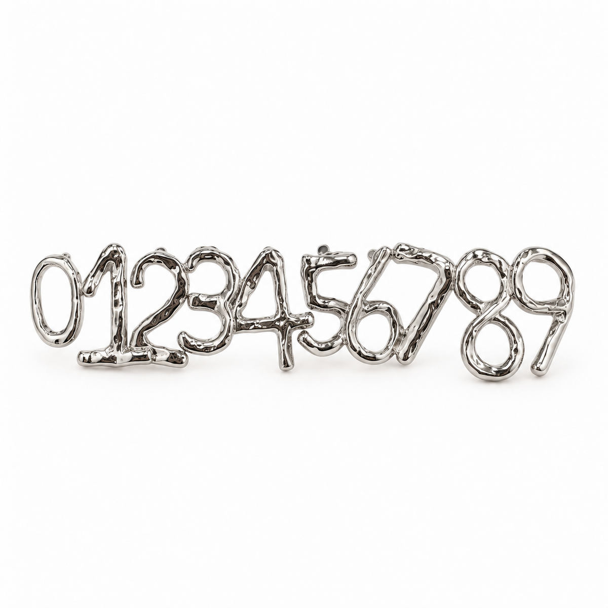 Molten liquid silver lucky number stud earrings digits 0 to 9 on pure white background