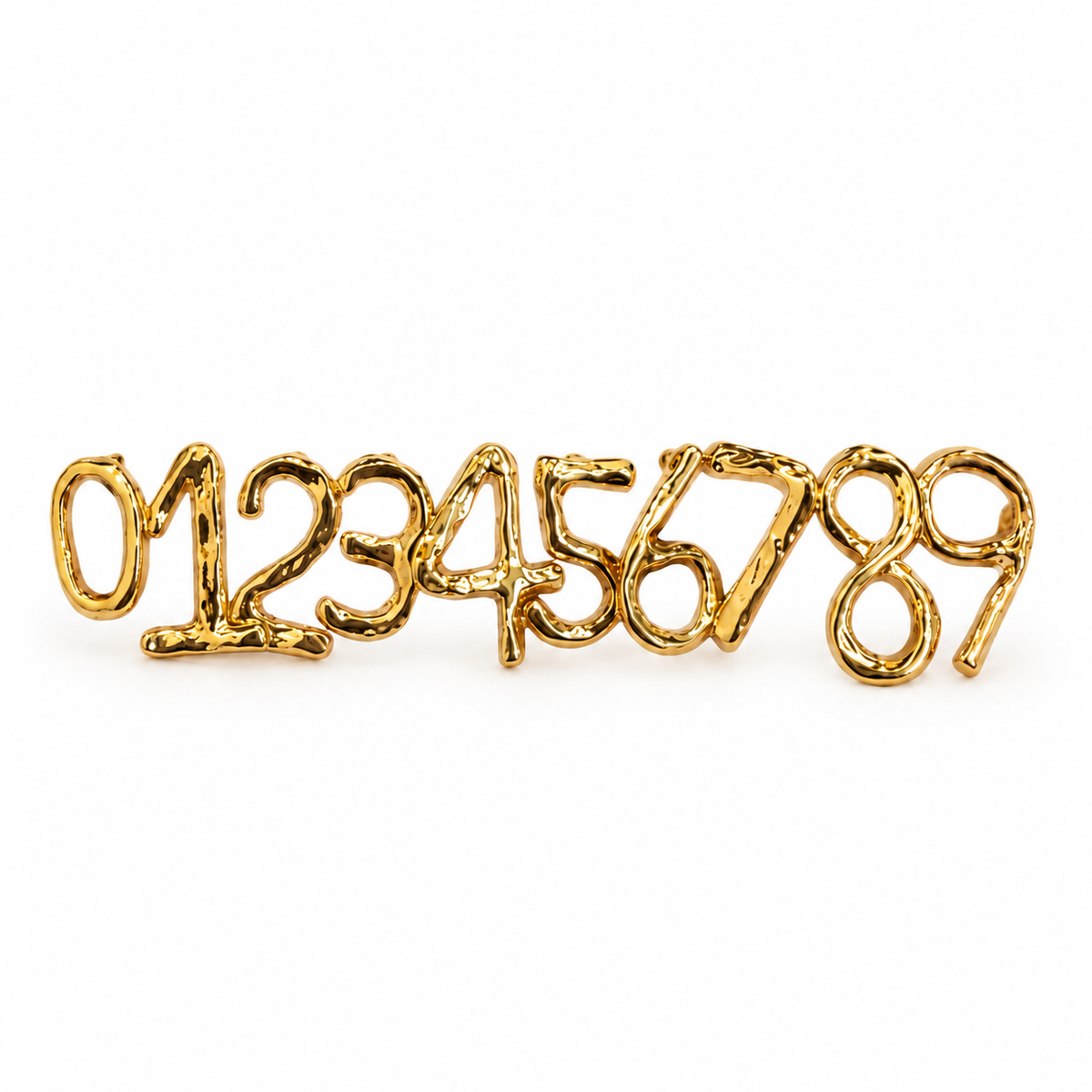 Molten liquid gold lucky number stud earrings digits 0 to 9 on pure white background