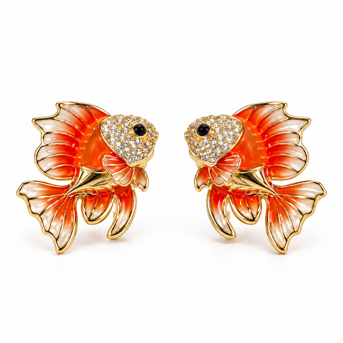 Enamel and pavé crystal goldfish stud earrings on pure white background