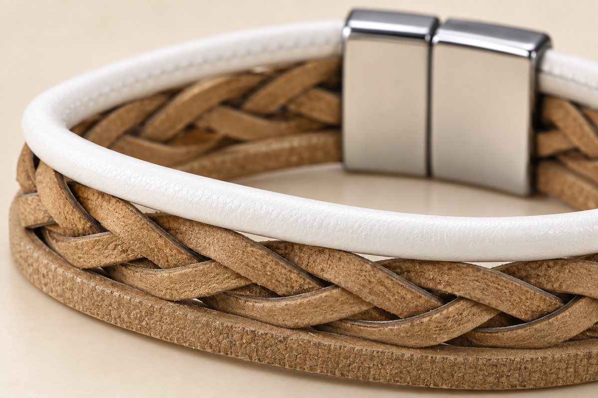 Braided Duo Reversible Bracelet – Silver & Tan — Photo 3