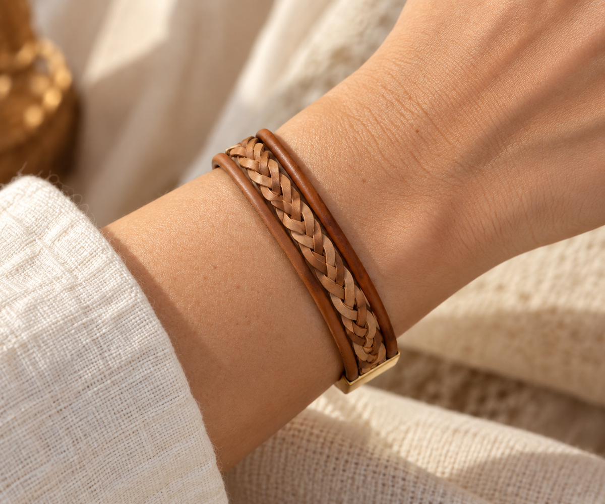 Heritage Weave Reversible Bracelet – Tan & Metallic — Photo 2