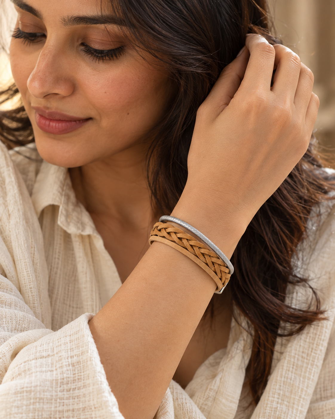 Dual-Tone Signature Reversible Bracelet – Tan & Silver — Photo 3