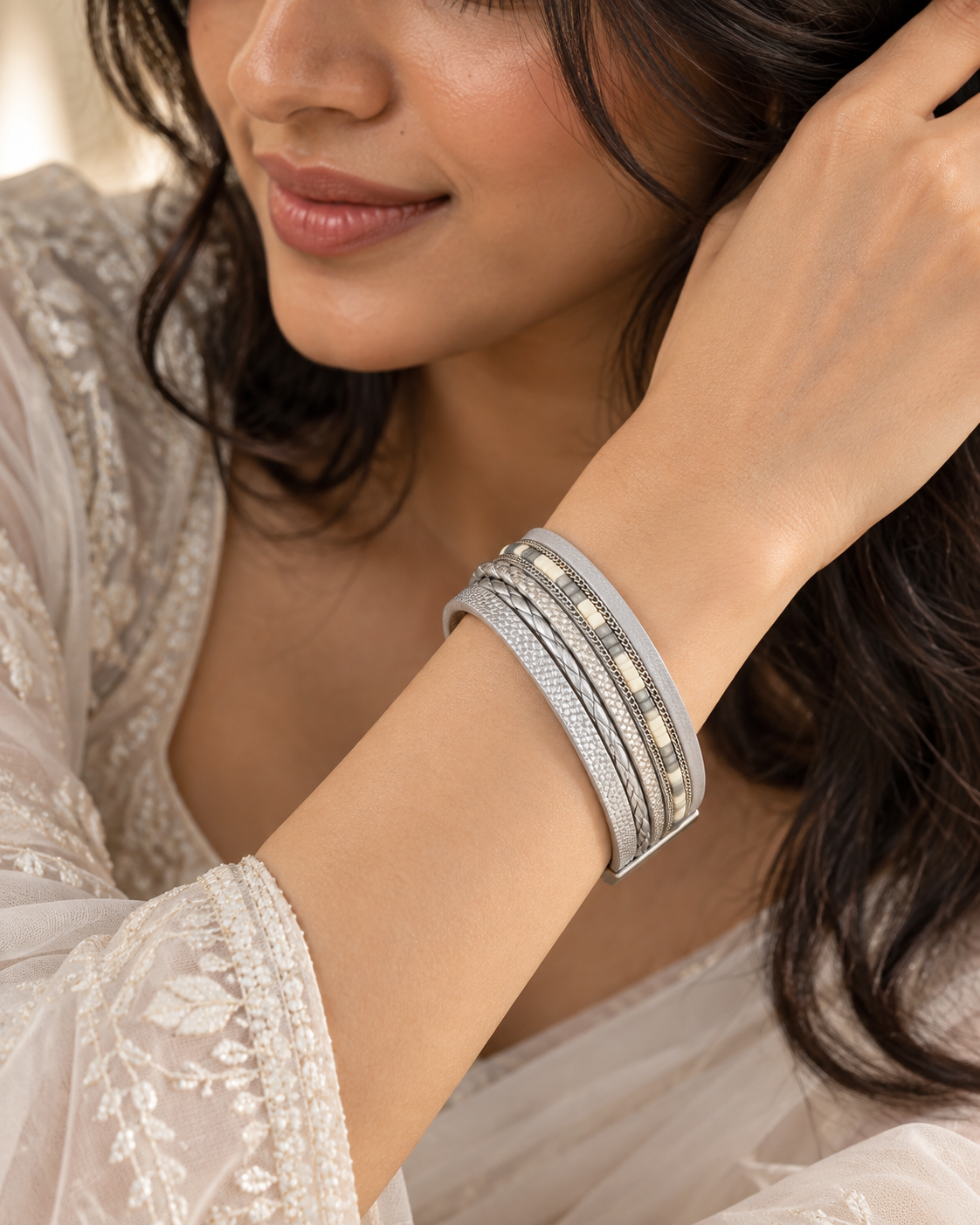 Silver Multi-Strand Textured Bracelet – Ivory Accents — Photo 4