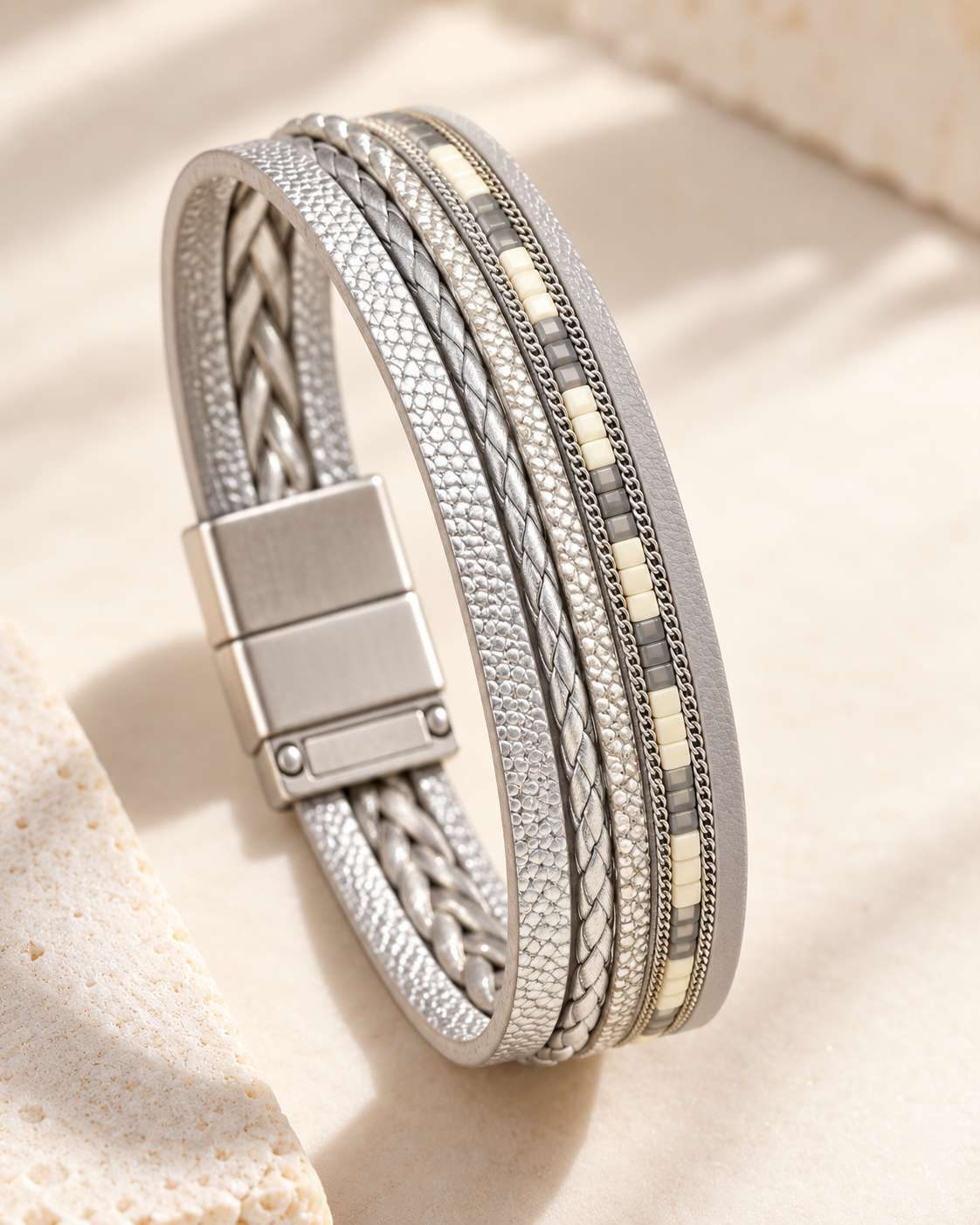 Silver Multi-Strand Textured Bracelet – Ivory Accents — Photo 6