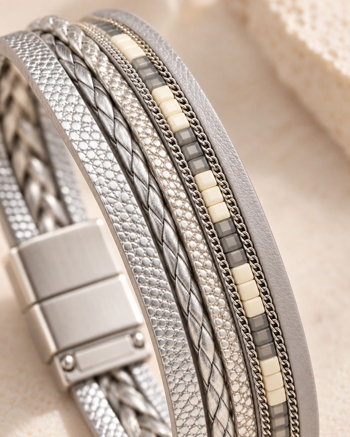 Silver Multi-Strand Textured Bracelet – Ivory Accents — Photo 7