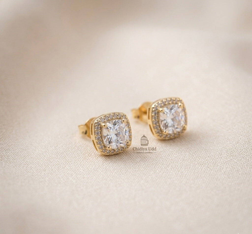 Cushion Halo Crystal Stud Earrings – Gold — Photo 1