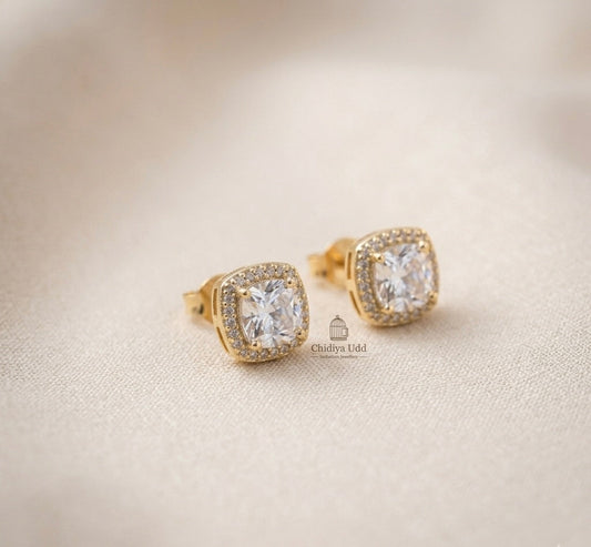Cushion Halo Crystal Stud Earrings – Gold — Photo 1