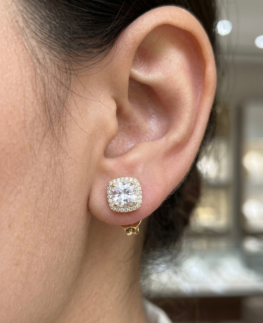 Cushion Halo Crystal Stud Earrings – Gold — Photo 2
