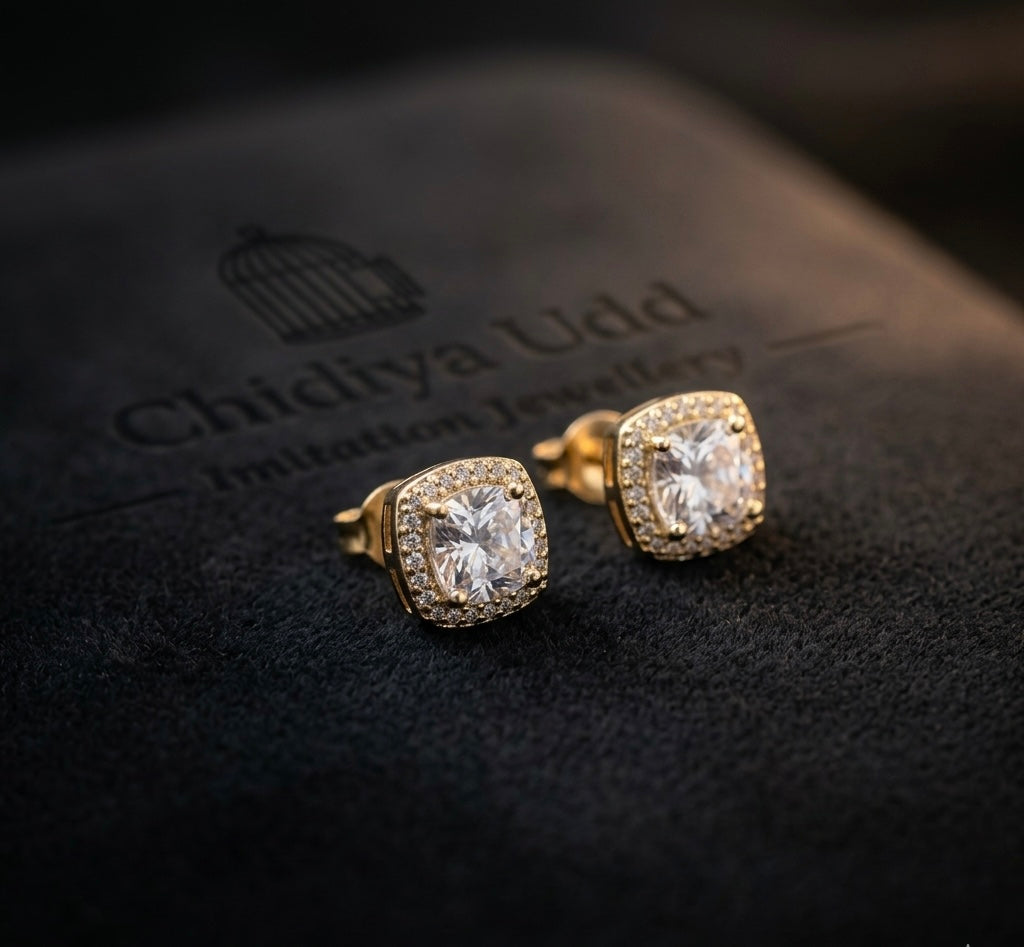 Cushion Halo Crystal Stud Earrings – Gold — Photo 3