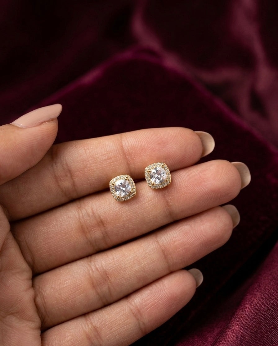 Cushion Halo Crystal Stud Earrings – Gold — Photo 4