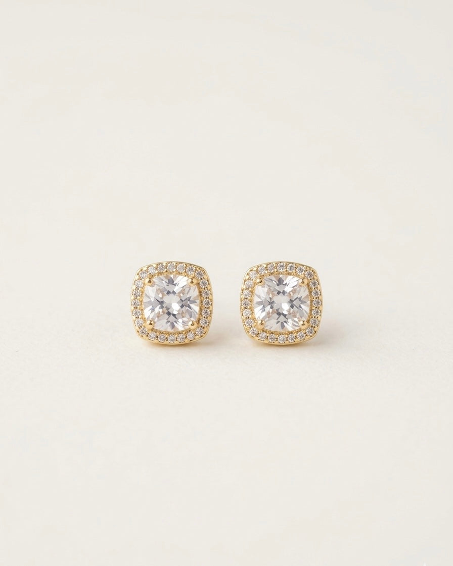 Cushion Halo Crystal Stud Earrings – Gold — Photo 5