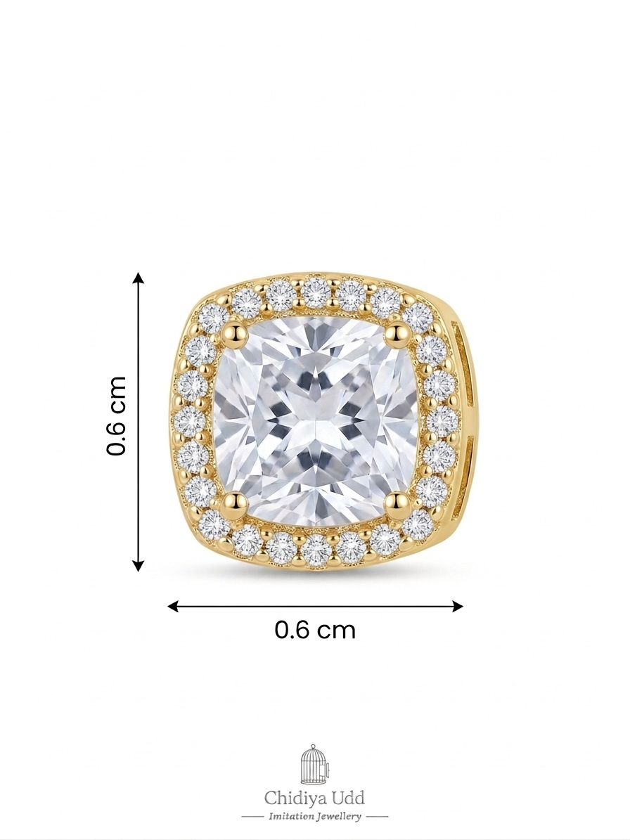 Cushion Halo Crystal Stud Earrings – Gold — Photo 6