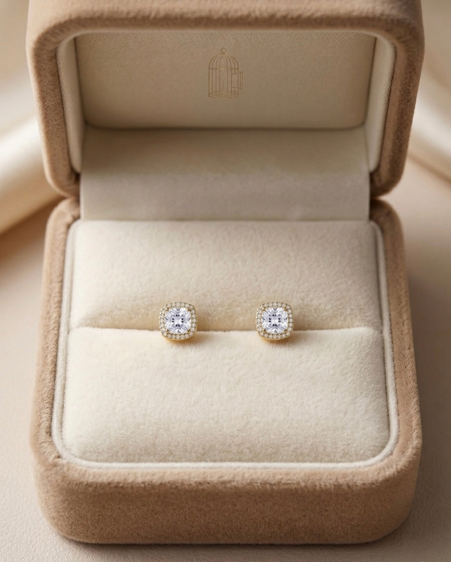 Cushion Halo Crystal Stud Earrings – Gold — Photo 7