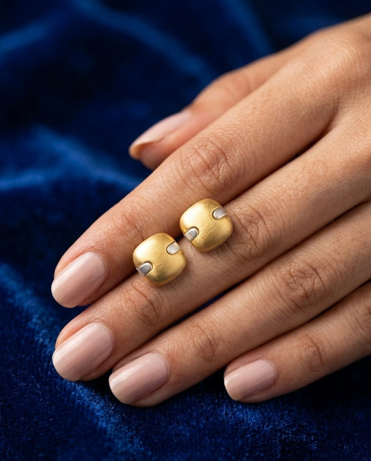 Brushed Gold Square Stud Earrings – Two-Tone — Photo 2