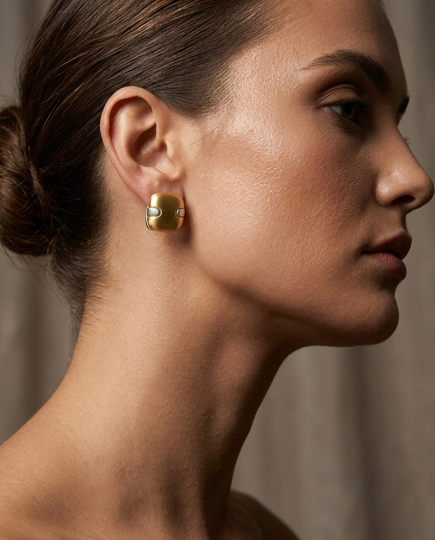 Brushed Gold Square Stud Earrings – Two-Tone — Photo 3