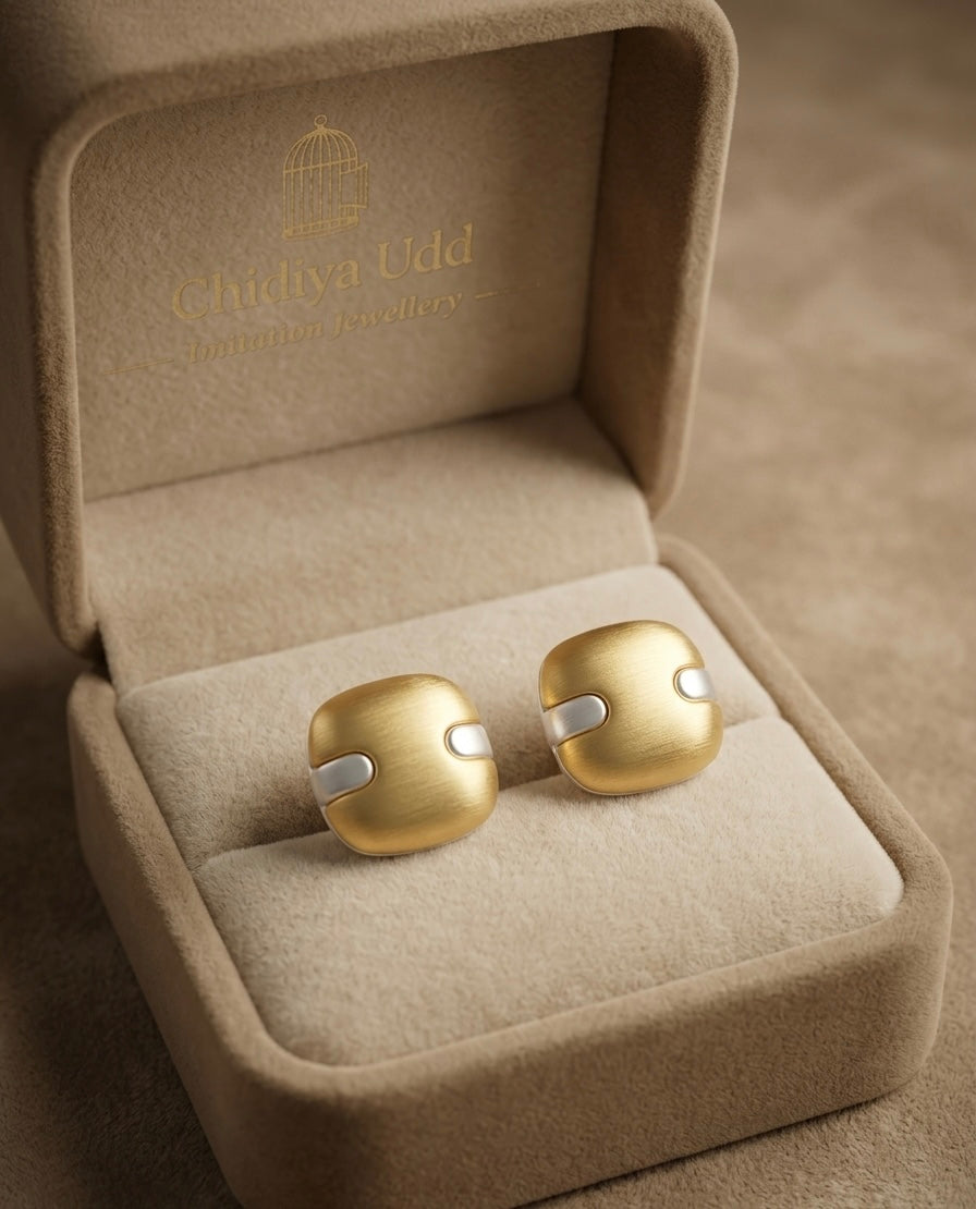 Brushed Gold Square Stud Earrings – Two-Tone — Photo 5