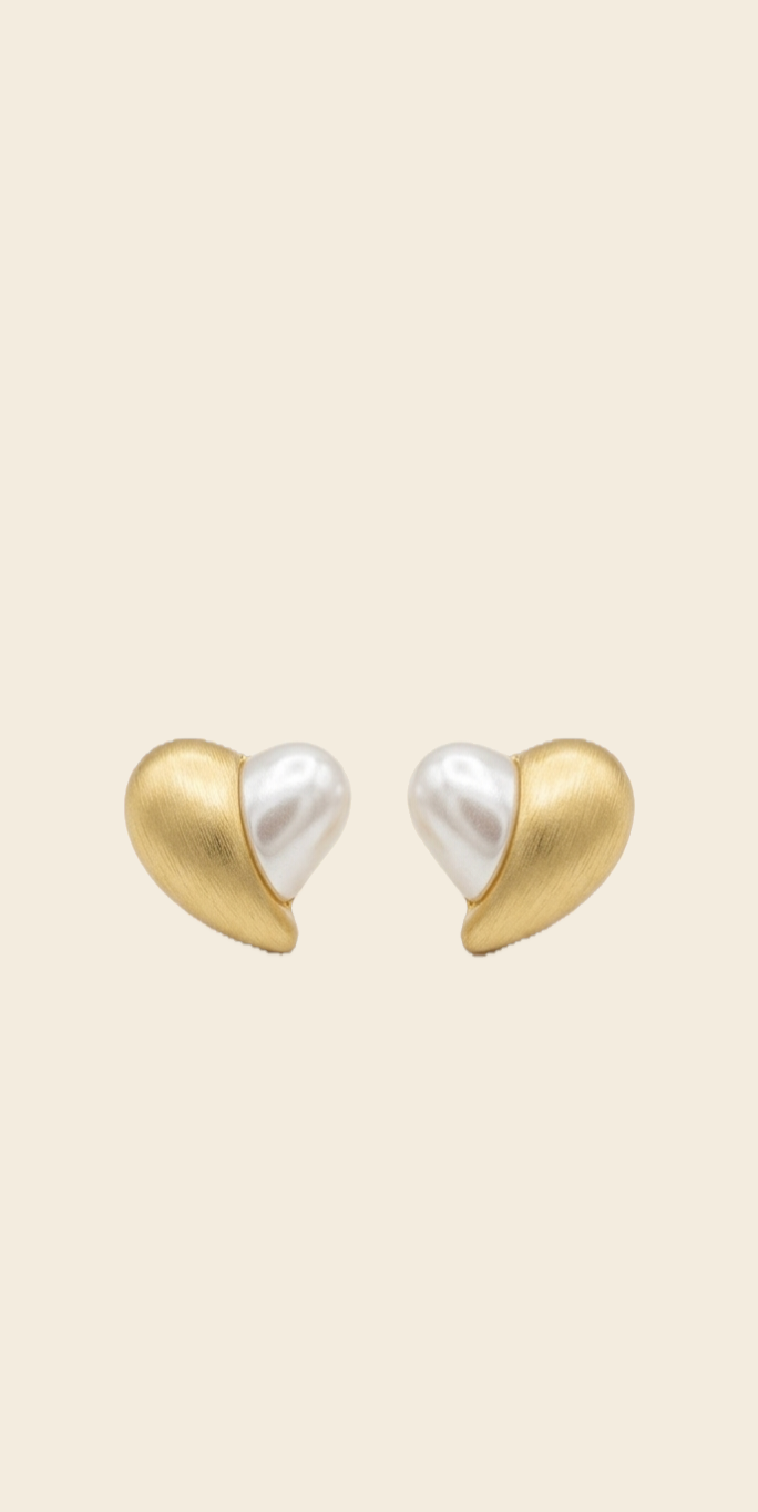 Two-Tone Heart Pearl Stud Earrings – Gold & Silver — Photo 1