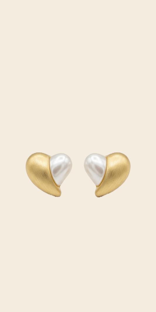 Two-Tone Heart Pearl Stud Earrings – Gold & Silver — Photo 1