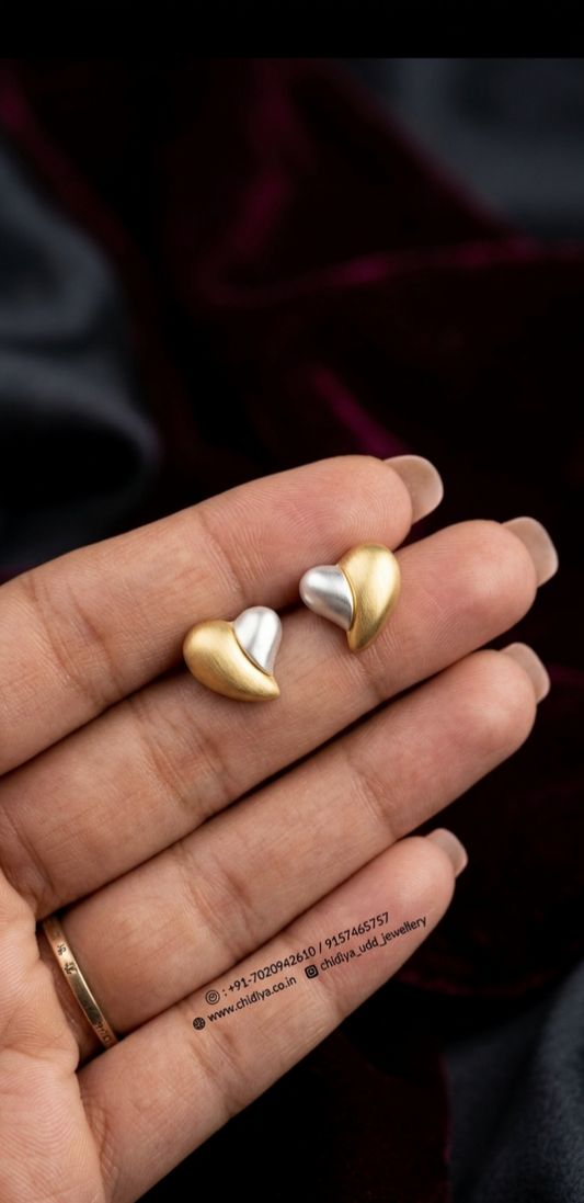 Two-Tone Heart Pearl Stud Earrings – Gold & Silver — Photo 2