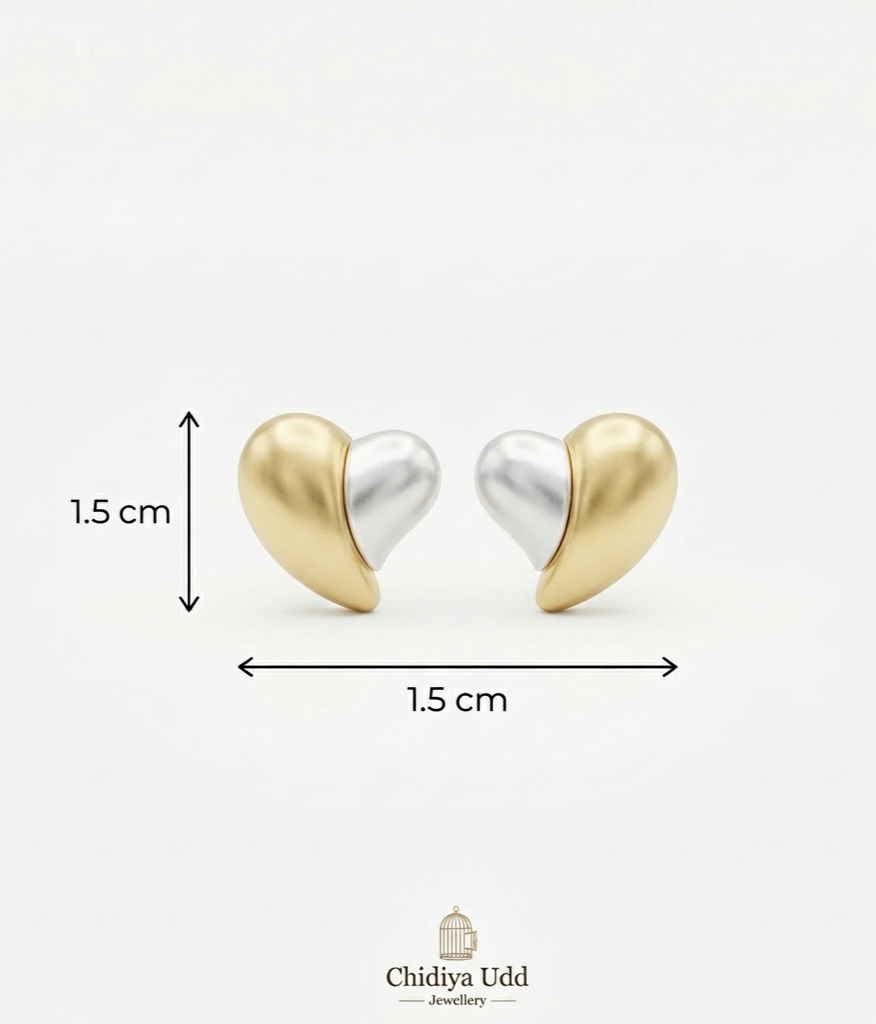 Two-Tone Heart Pearl Stud Earrings – Gold & Silver — Photo 5
