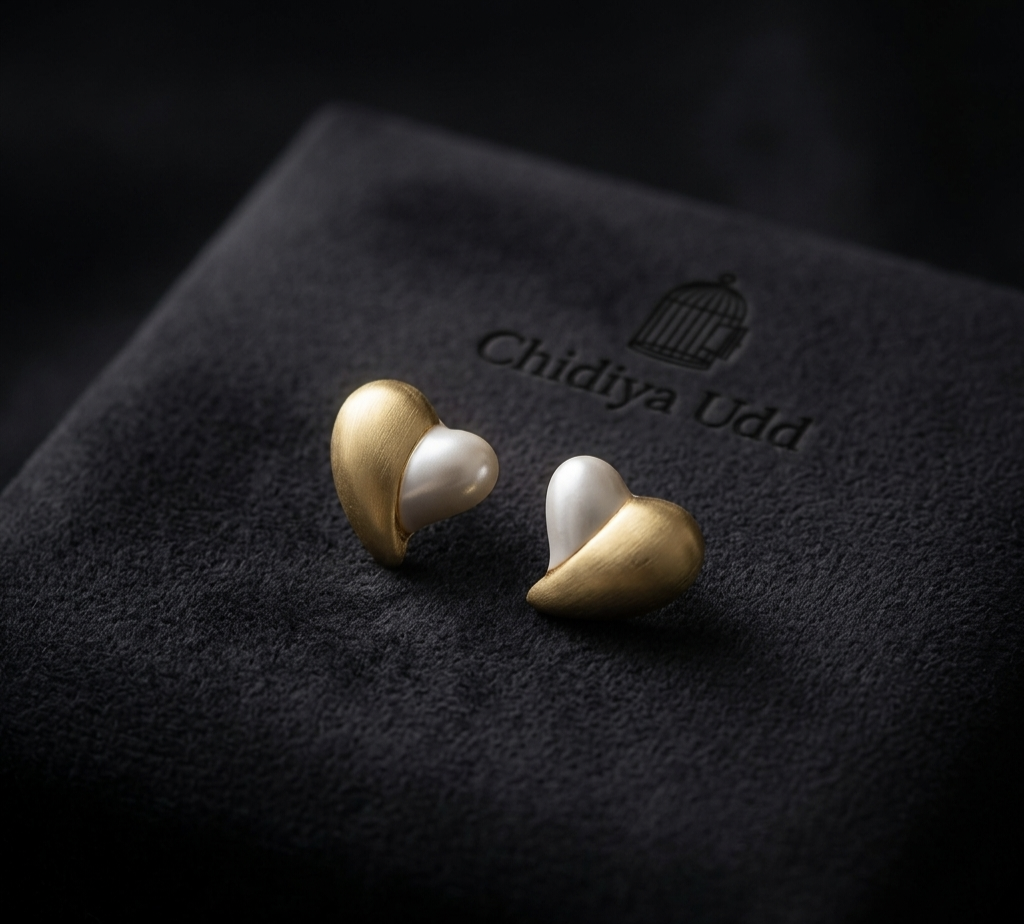 Two-Tone Heart Pearl Stud Earrings – Gold & Silver — Photo 6