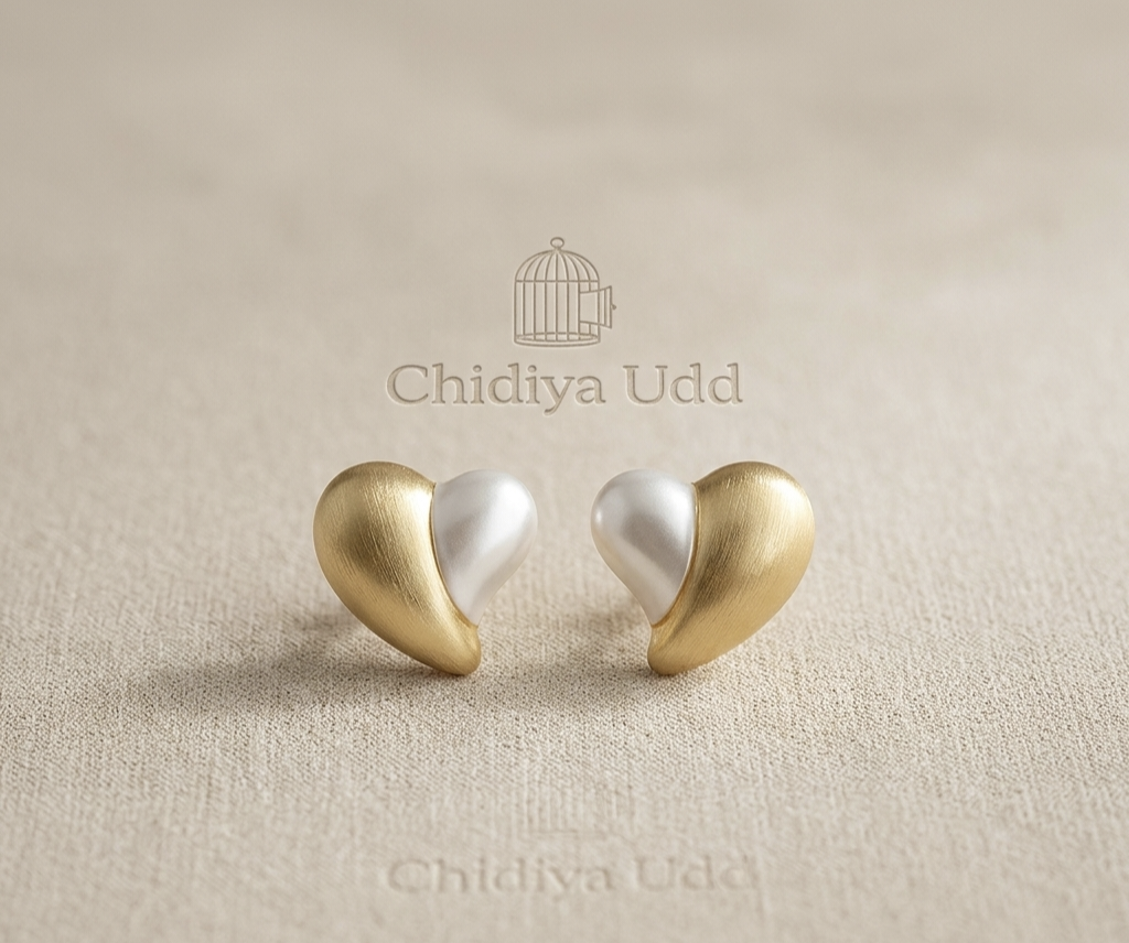 Two-Tone Heart Pearl Stud Earrings – Gold & Silver — Photo 7