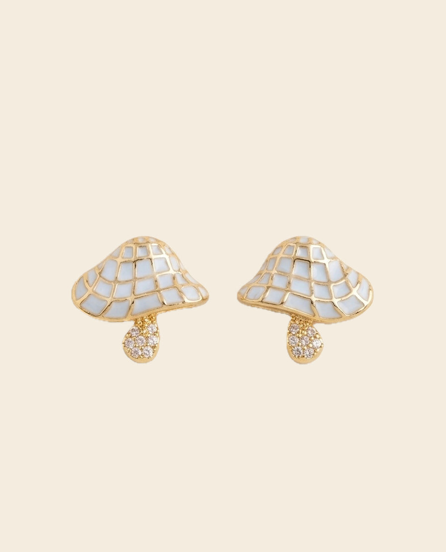 Mushroom Enamel Drop Stud Earrings – Gold & White — Photo 1