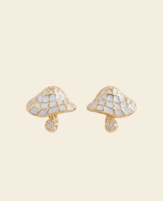 Mushroom Enamel Drop Stud Earrings – Gold & White — Photo 1