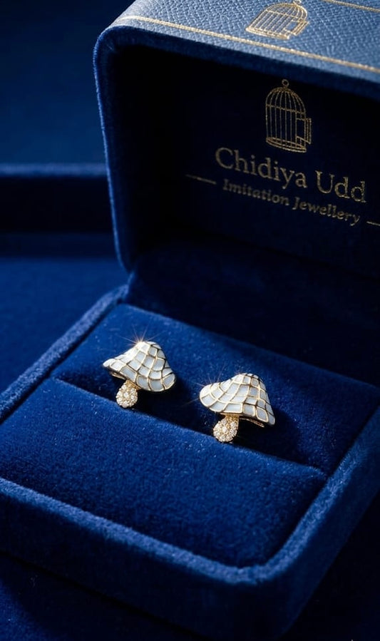 Mushroom Enamel Drop Stud Earrings – Gold & White — Photo 2